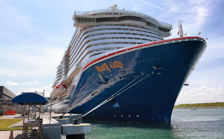 Carnival Cruise Line's Mardi Gras cruise ship docked at Port Canaveral in 2021.