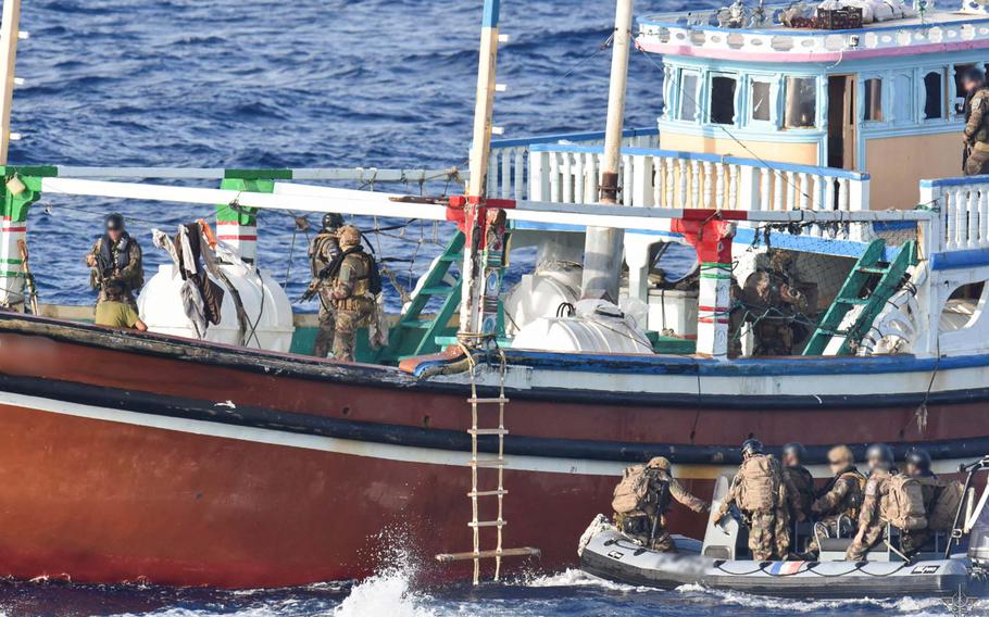 A French navy ship working with Combined Maritime Forces seized about 1,600 pounds of methamphetamine from a stateless vessel while operating in the international waters of the Indian Ocean, Nov. 4, 2023. 