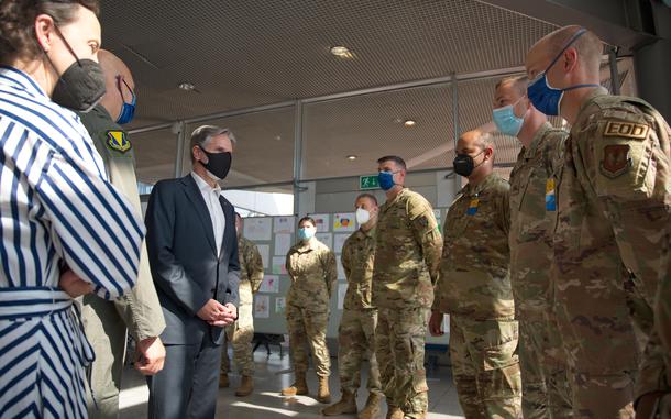 U.S. Secretary of State Antony J. Blinken greets service members at Ramstein Air Base, Sept. 8, 2021. During his visit Blinken was asked about fiscal pressure on service members and civilian personnel by German tax authorities, but said the he was not aware of the problem at the time.