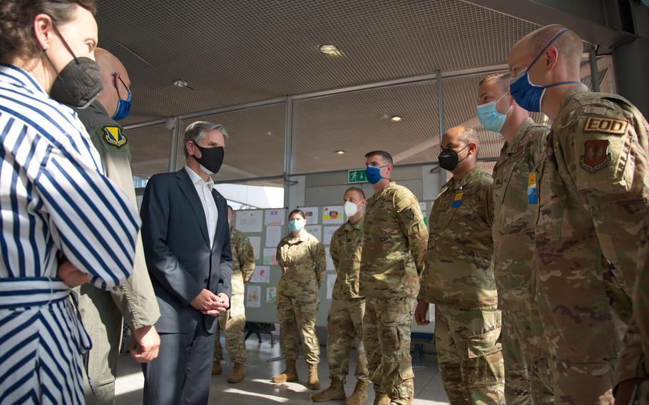 U.S. Secretary of State Antony Blinken greets service members at Ramstein Air Base, Germany, on Sept. 8, 2021. During his visit, Blinken was asked about diplomatic efforts to fend off the exorbitant fines German tax authorities have levied against service members and civilian personnel.