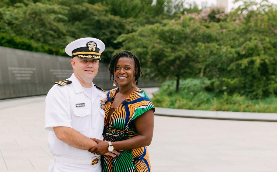 Tonya Murphy poses with her husband Scotty, a Navy commander, in Washington, D.C. Murphy, a fellow with Blue Star Families, said she and her husband balked at assignments to bases in southeast Georgia and southwest Tennessee out of fears of racial discrimination being directed at their three sons. 