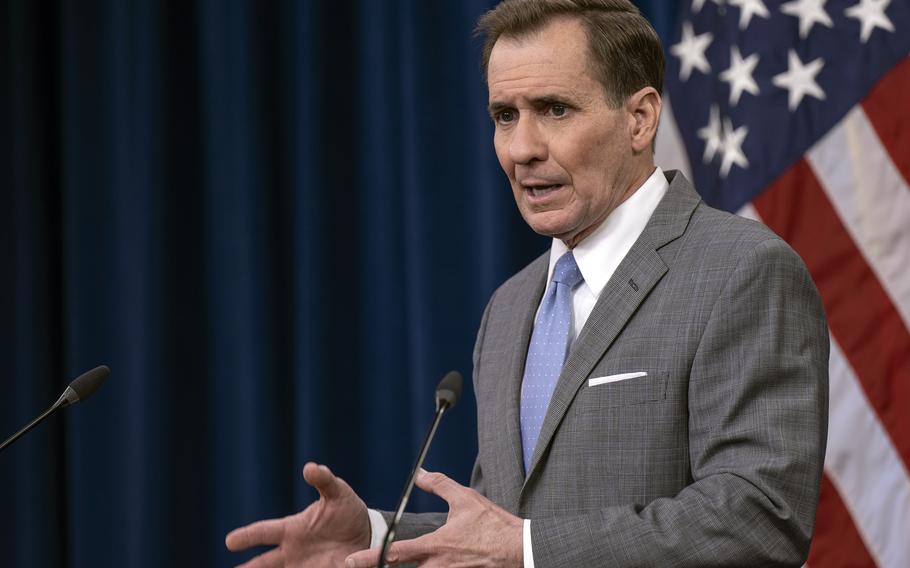 Pentagon Press Secretary John Kirby speaks during a press briefing at the Pentagon in Washington, D.C., April 18, 2022.