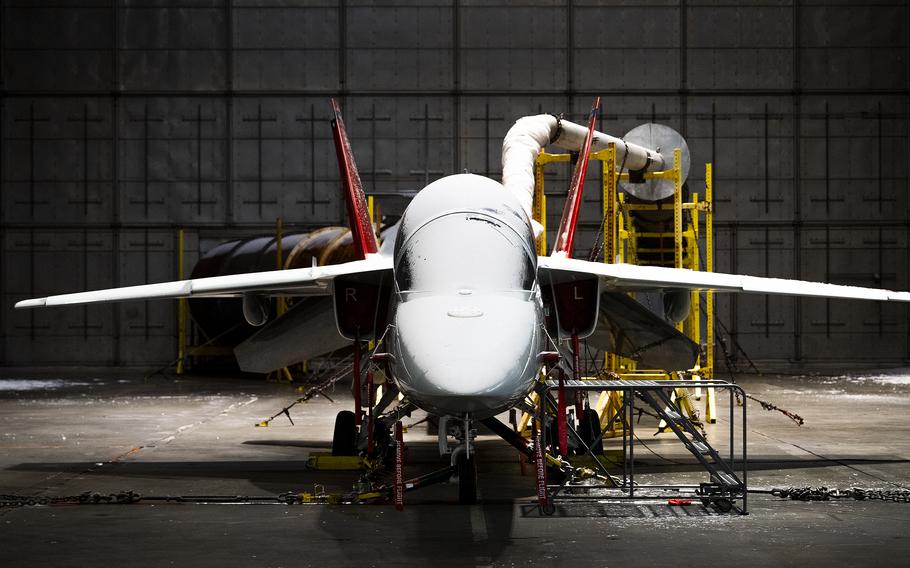 A T-7A Red Hawk sits in a frozen McKinley Climatic Lab chamber, Jan. 29, 2024, at Eglin Air Force Base, Fla.