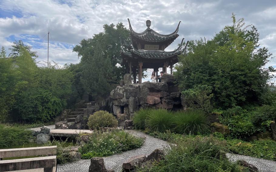 The pavilion at the top of the Chinese Garden in Stuttgart, Germany, offers a vantage point to take in the surrounding area. 