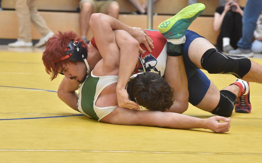 Lakenheath’s Lucius Bowman defeated Naples’ Derick Cavalliery-Cardona in a 165-pound semifinal match at the DODEA European Wrestling Championships on Saturday, Feb. 10, 2024, in Wiesbaden, Germany.