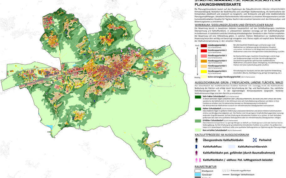 A map of Kaiserslautern highlights areas in red where measures to reduce heat stress and protect green spaces are prioritized. The analysis predicts significant temperature increases and more frequent heatwaves by 2055 under the Intergovernmental Panel on Climate Change RCP 8.5 emissions scenario. 