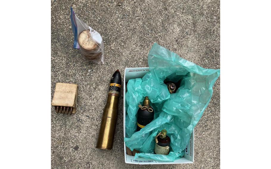 An explosive ordnance disposal specialist from Travis Air Force Base successfully removed three live, World War II-era Japanese grenades and one artillery round discovered Saturday, July 2, 2022, at a residence in Petaluma, Calif.