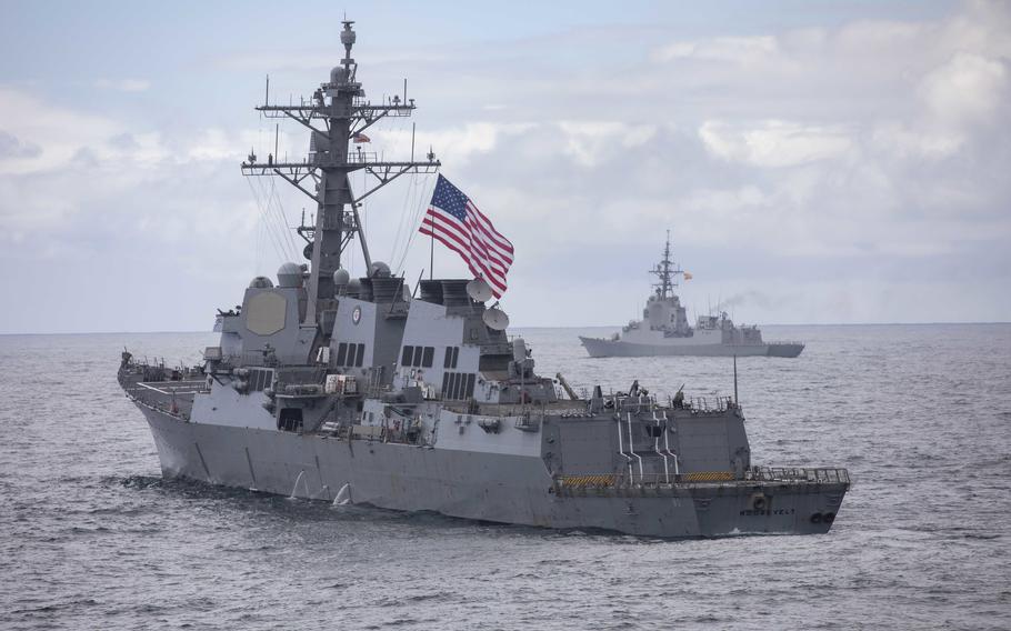 The USS Roosevelt, left, and Spanish navy frigate Cristobol Colon transit the Atlantic Ocean during exercise Formidable Shield in 2021. This year, the exercise includes 13 allied and partner nations, notably Finland, the newest member of NATO.