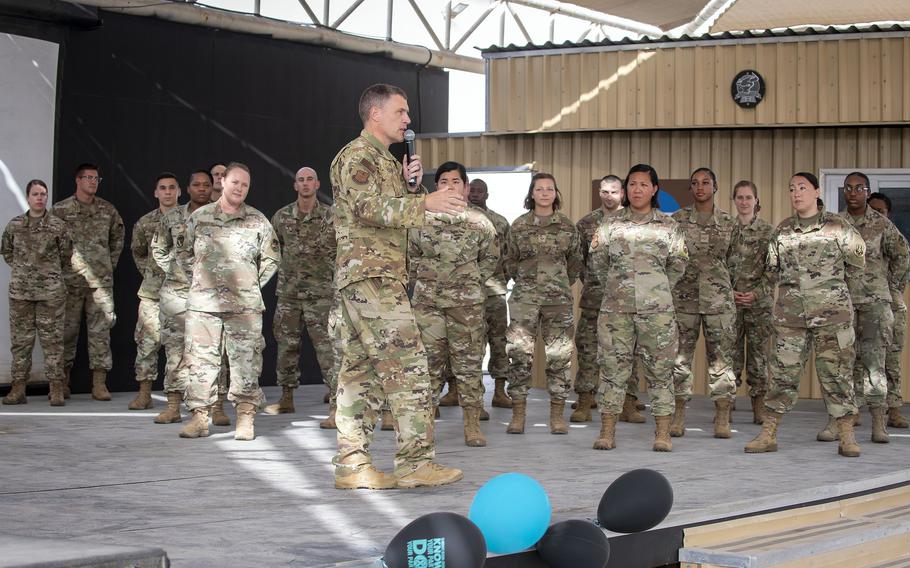 Air Force Brig. Gen. Andrew Clark, 380th Air Expeditionary Wing commander, gives a statement during the Teal Team 6 induction ceremony at Al Dhafra Air Base,  United Arab Emirates, June 18, 2021. 