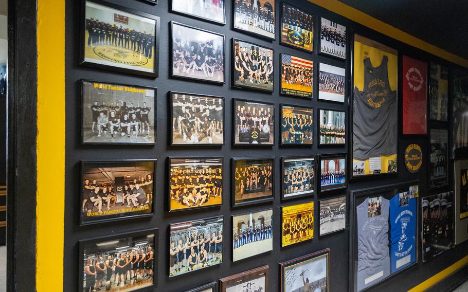 A hallway full of pictures and memorabilia