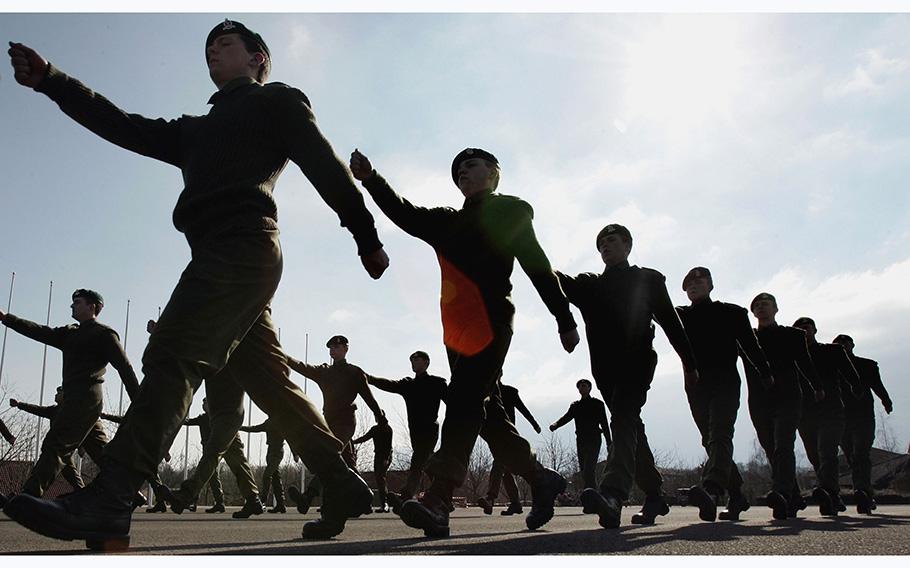 Army recruits go through basic training at the Army Training Regiment in March 2005 in Winchester, England. 