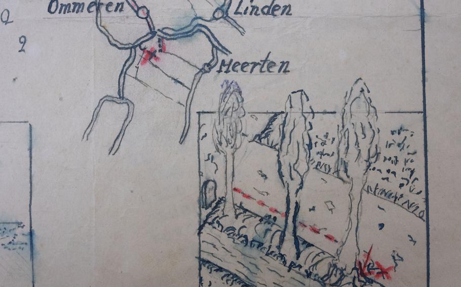 Detail of the map showing where the Nazi loot was reportedly buried in Ommeren, near Arnhem, is seen at the National Archive of the Netherlands in The Hague, Monday, Jan. 23, 2023. A hand-drawn map with a red letter X purportedly showing the location of a buried stash of precious jewellery looted by Nazis from a blown-up bank vault has sparked a modern-day treasure hunt in a tiny Dutch village.