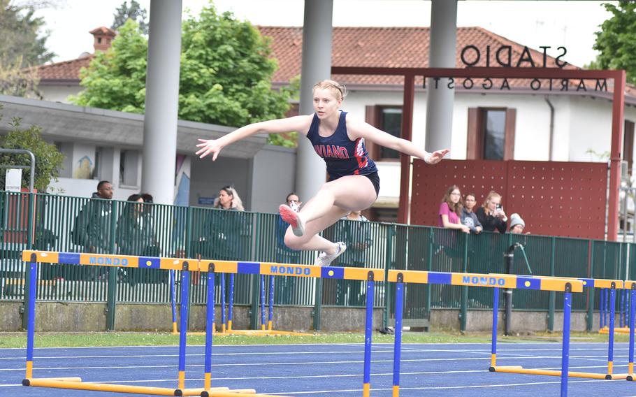 Aviano's Addison Krajicek won the 100- and 300-meter hurdles events Saturday, April 29, 2023, at a meet in Pordenone, Italy.
