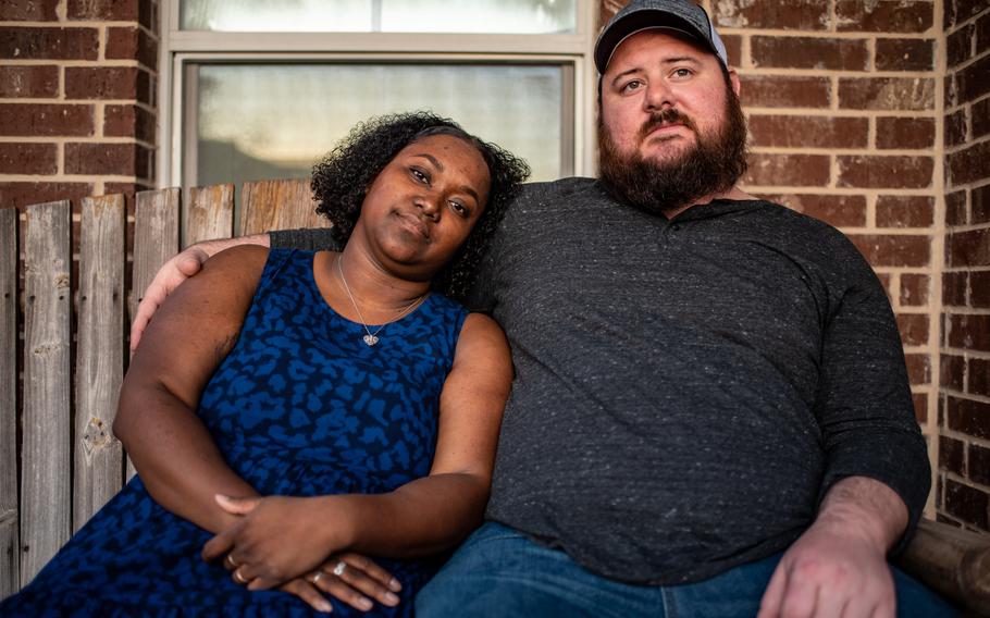 Keshia Jeffries-Cobb with her husband, Brian Cobb, at their home in Killeen, Texas. 