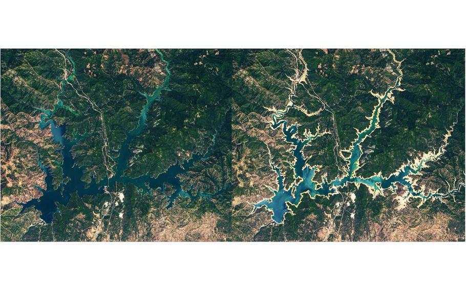 Satellite imagery shows Shasta Lake in July 2019, left, and June 2021. The state’s largest reservoir is at about 35% of its capacity, officials said. 