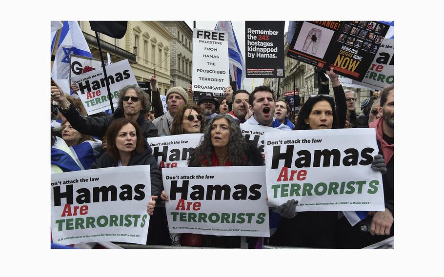 Pro-Israeli protesters take part in a demonstration along the route of the Pro-Palestinian march in London on Saturday, April 27, 2024. 