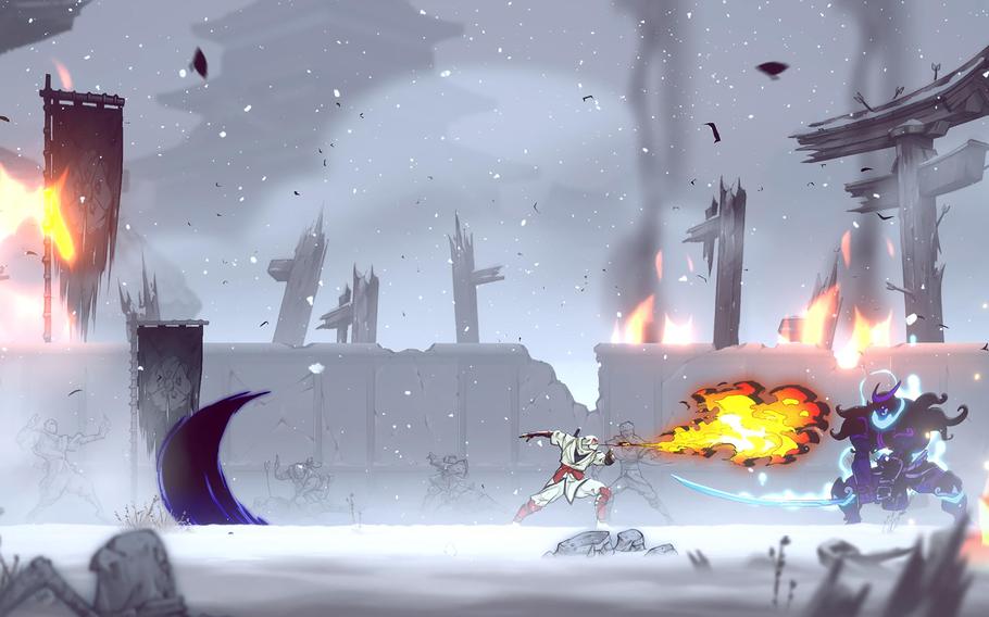 Bursts of flame light up a drab background in a battle scene from Shinobi: Art of Vengeance.