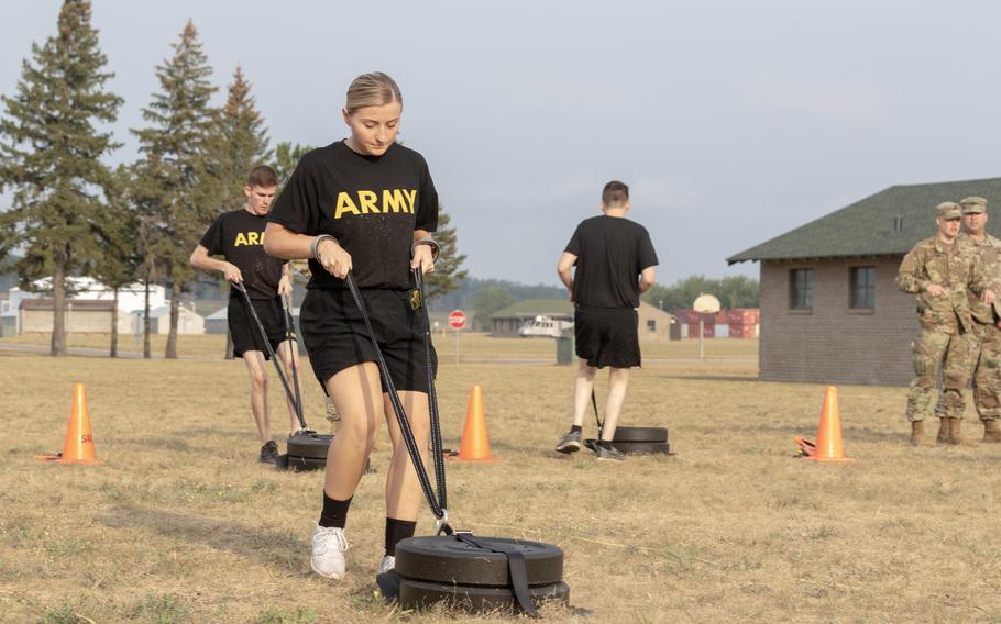 Soldiers participate in the sprint-drag-carry event of the Army Combat Fitness Test in August 2021 at Camp Ripley, Minn.