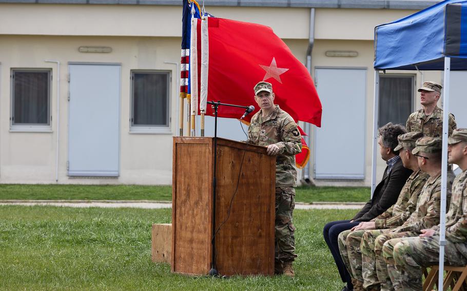 Army Col. Duke Reim speaks to a crowd at Kogalniceanu Air Base, Romania.