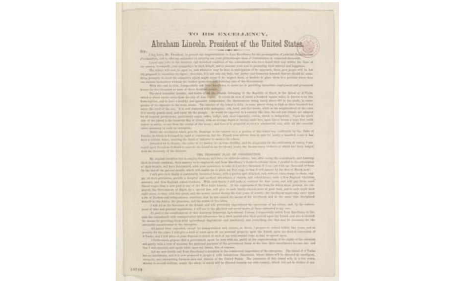 An 1862 letter from Bernard Kock to Abraham Lincoln. Kock, a Florida cotton plantation owner, pitched a plan to develop Île à Vache into a cotton farm by sending newly emancipated Black Americans there. 