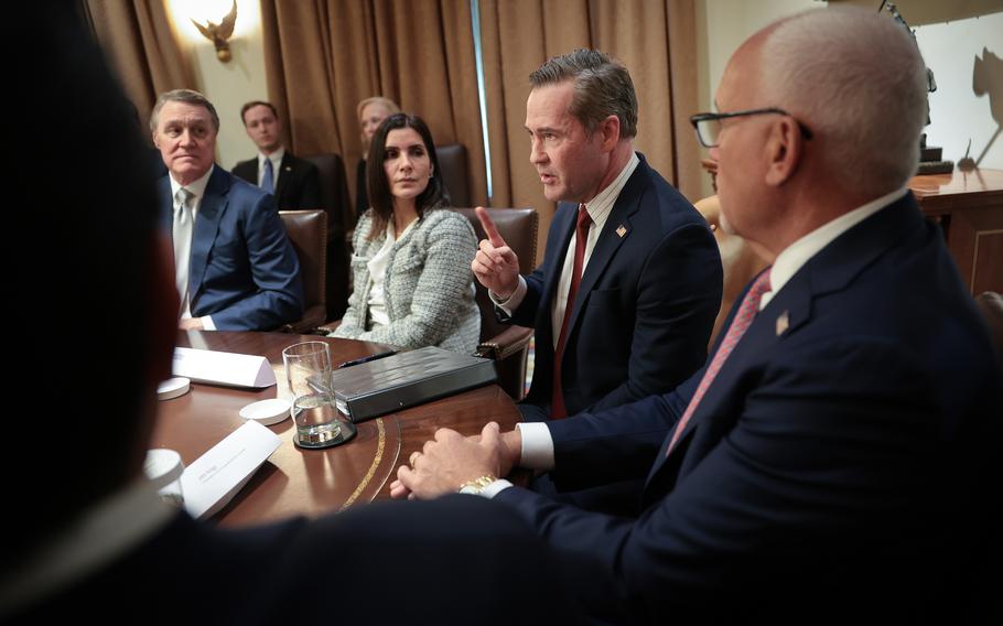 National Security Advisor Mike Waltz speaks during an ambassador meeting.
