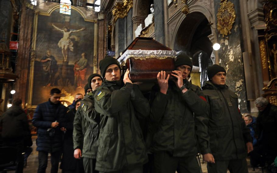 The funeral for Denis Metyolkin was held at the Sts. Peter and Paul Garrison Church in Lviv, Ukraine, after he was killed in action on the eastern front. Metyolkin worked as a postal carrier before returning to the Ukrainian military.