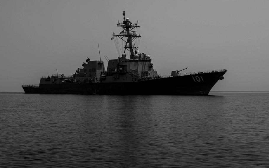 The destroyer USS Gridley transits the Gulf of Oman during a search and rescue drill, April 15, 2022. In February, Gridley assisted the British navy's HMS Montrose in the seizure of smuggled Iranian missiles thought to be headed to Yemen.  