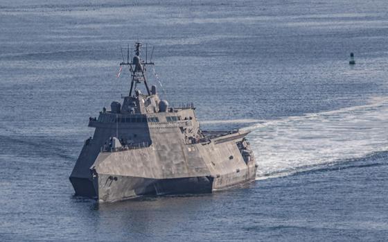 The Independence-variant littoral combat ship USS Canberra (LCS 30) departs San Diego Harbor for a routine underway off the California coast, April 19, 2023.
