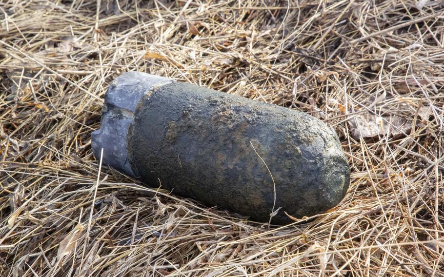 An unexploded three-inch shell casing dating to the Civil War lies on the ground after being unearthed at Gettysburg National Military Park, Feb. 8, 2023. Army explosive ordnance disposal soldiers from Fort Belvoir, Va., removed and destroyed the round.