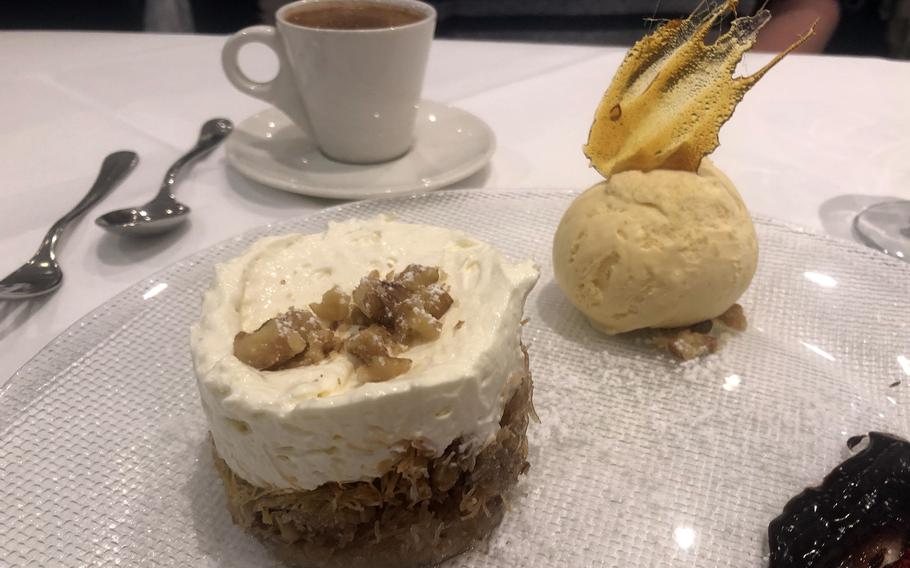 Desert at the Parthenon restaurant in Frankfurt was kadaifi, semolina angel hair pasta with honey, topped by a vanilla cream and chopped walnuts. It was served with a scoop of vanilla ice cream. 