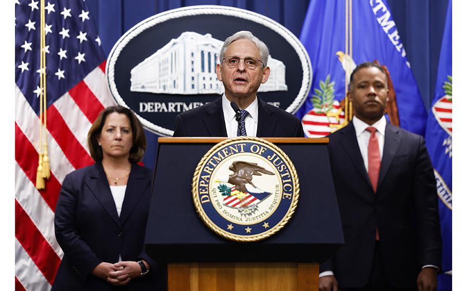 U.S. Attorney General Merrick Garland speaks at the Justice Department in Washington, D.C., on Nov. 18, 2022.