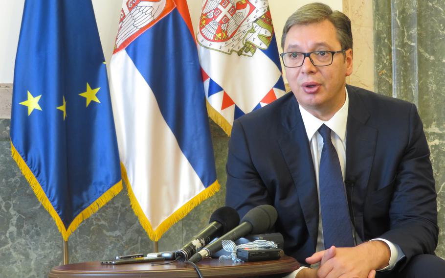 Serbian\ President Aleksandar Vucic speaks during an interview by the Chinese media in Belgrade, Serbia, on Aug. 6, 2018. Serbia and Kosovo have failed to normalize relations.