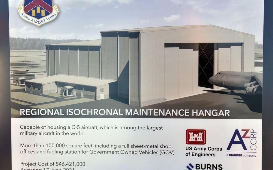 A groundbreaking ceremony was held for a new Regional ISO Maintenance Hangar at Westover Air Reserve Base in Chicopee. This is a rendering of the building. 