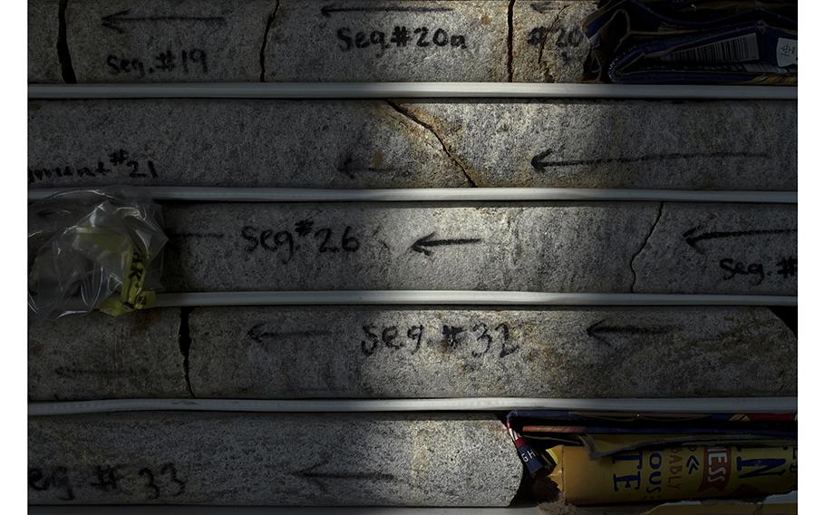 Segments of a core sample of bedrock from the ASIG drill camp - now at Lamont-Doherty Earth observatory.
