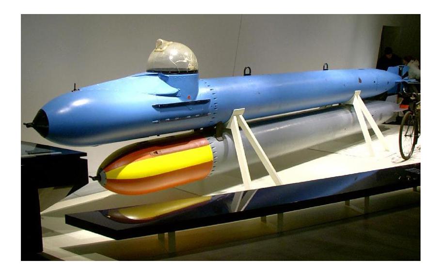 A WWII-era German one-man torpedo submarine, “Marder.“ 