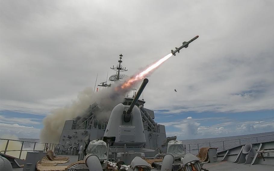 The Royal Australian Navy ship HMAS Stuart fires a harpoon missile during the Rim of the Pacific exercise in waters off the Hawaiian Islands, Aug. 29, 2020. 