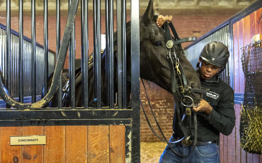 A soldier gets a horse ready to go.