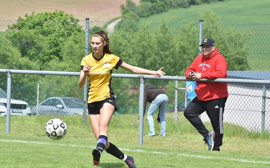 Stuttgart's Haileigh Spencer kicks the ball toward the goal with a crossing shot in the Panthers' 4-1 victory over Wiesbaden in the DODEA-Europe Division I girls soccer semifinals on Wednesday, May 17, 2023.