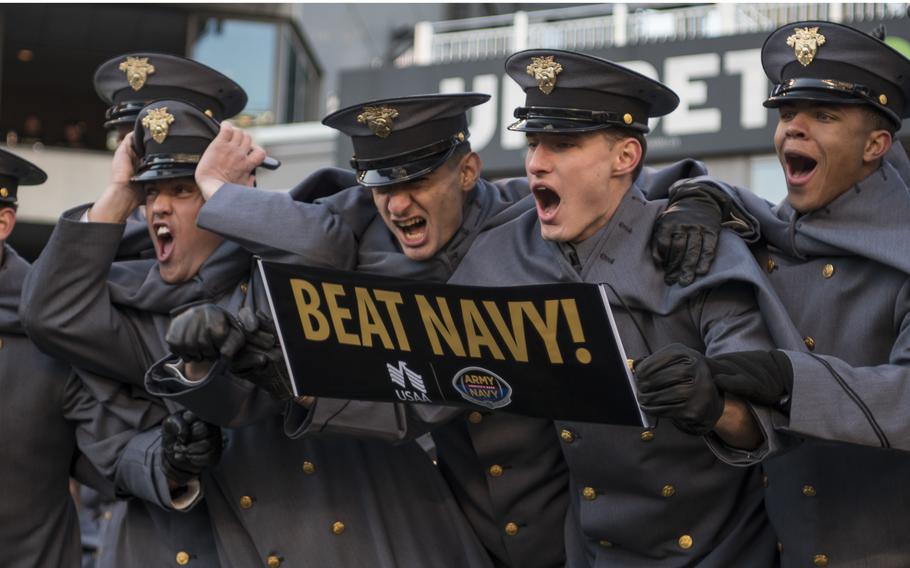 A group of Army Academy cadets have some fun prior to the start of the 123rd Army-Navy football game on Saturday, Dec. 10, 2022, during pre-game activities at Philadelphia's Lincoln Financial Field.