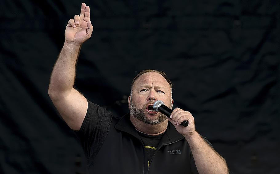 Radio show host Alex Jones speaks during an event in Washington, D.C., on Dec. 12, 2020. 