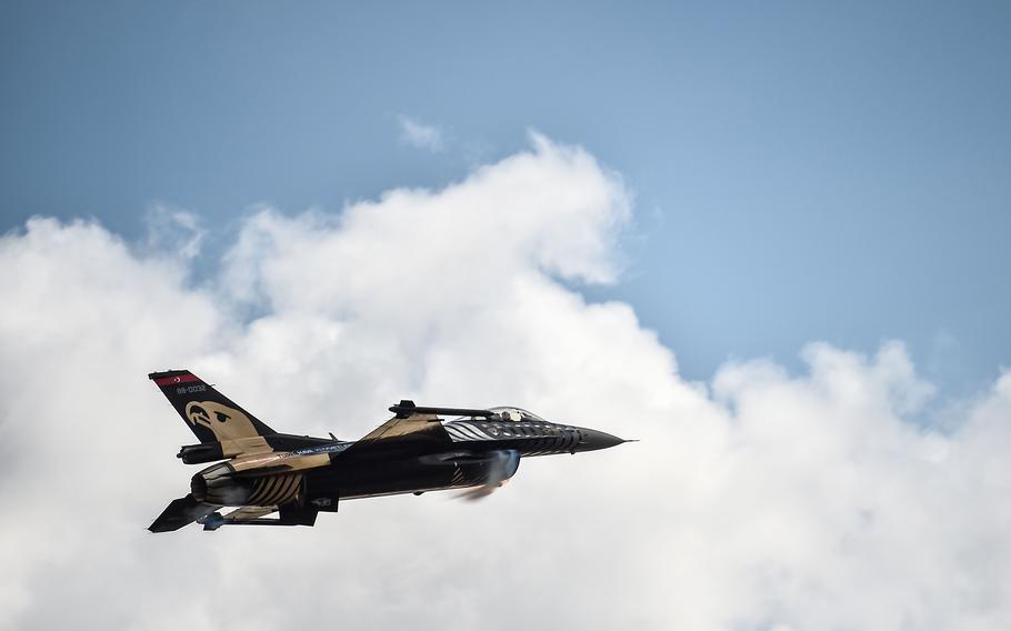 Solo Turk, the aerobatic team of the Turkish Air Force, fly their F-16 Fighters over Istanbul’s new airport on Sept. 20, 2018 in Istanbul.