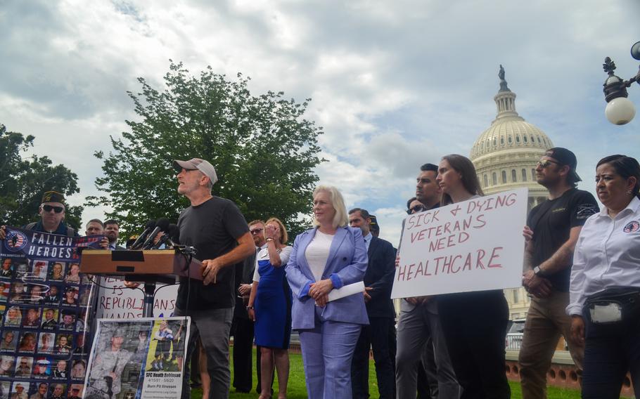 Jon Stewart voices his anger on Thursday, July 28, 2022, at a Capitol Hill rally in Washington, D.C., over the Senate blocking the Sergeant First Class Heath Robinson Honoring Our Promise to Address Comprehensive Toxics Act of 2022, or PACT Act. 