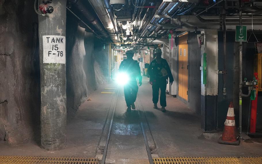 Joint Task Force-Red Hill roving security and fire watch team members patrol the Red Hill Bulk Fuel Storage Facility, Halawa, Hawaii, on Sept. 6, 2023. 