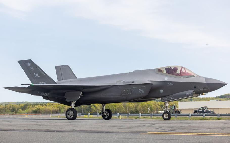 An F-35A Lightning II fighter jet on the taxiway at Westfield Barnes Air National Guard Base Tuesday afternoon, May 9, 2023.