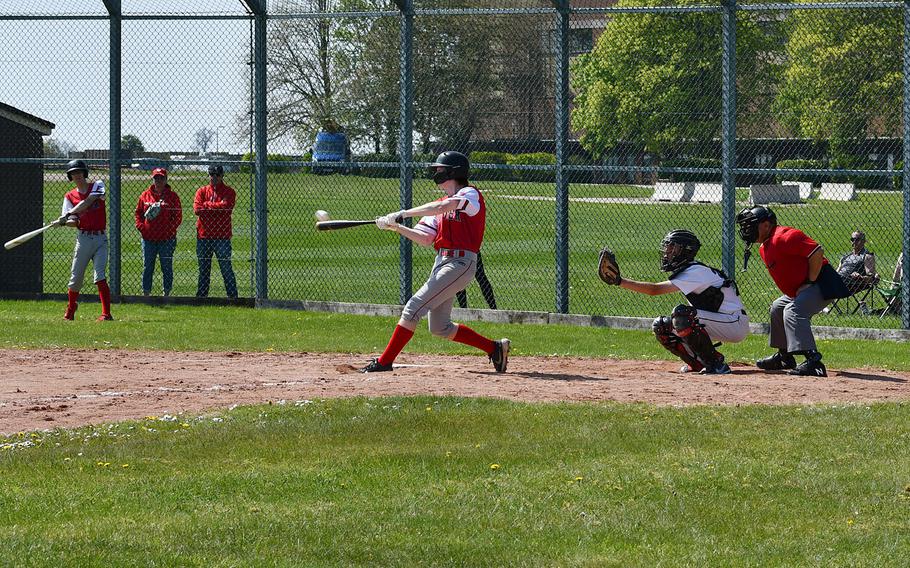 Kaiserslautern’s Braydon Lokey hits a double in the left center gap against the Lakenheath Lancers on Saturday, April 29, 2023, at RAF Feltwell, England.