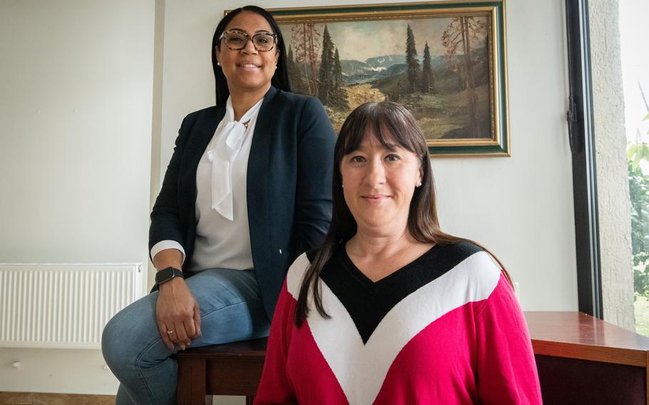 Defense Department civilian workers Letrice Titus, left, and Destanie Overcash, shown March 24, 2023, are among the first members of Local 14 of the American Federation of Government Employees. The at-large local was established to represent U.S. government civilian employees in Europe.