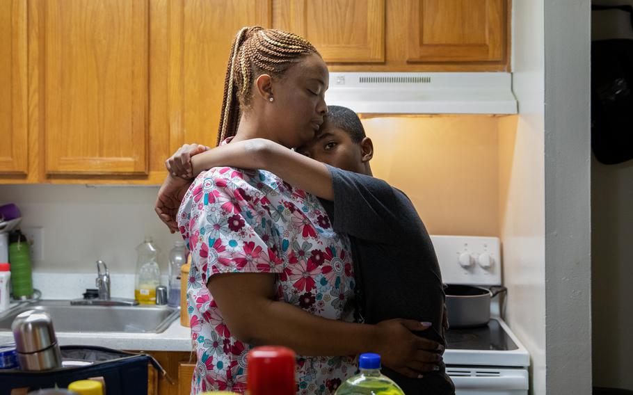 LaToya Francis and her 11-year-old son, Gabriel McDonald, at their home in Washington on Jan. 14. 