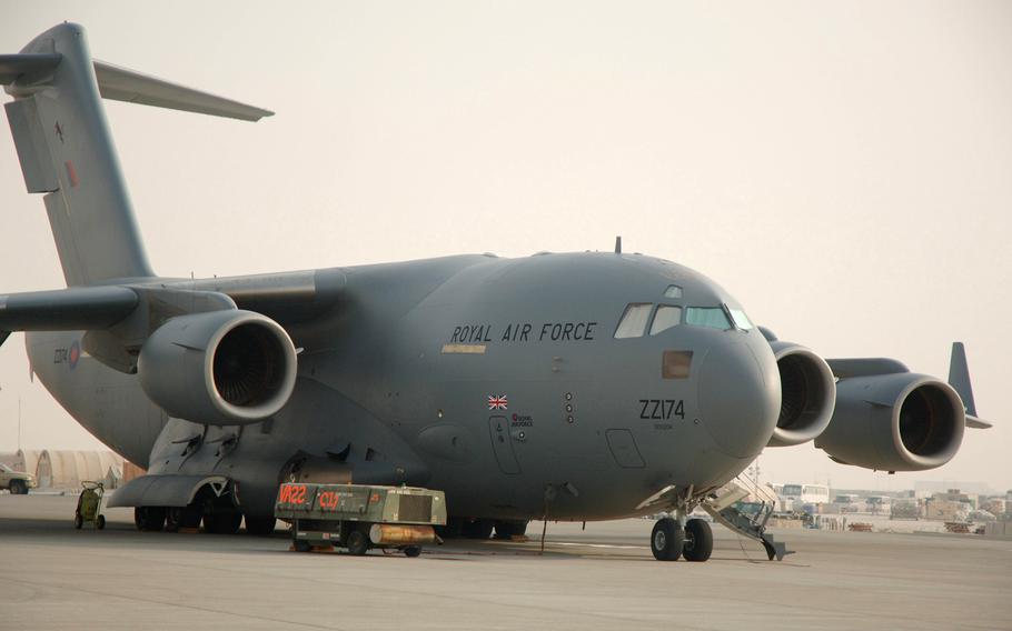 A British Royal Air Force C-17 Globemaster III waits on the flight line at a base in Southwest Asia in 2007. RAF C-17s in recent days have been flying anti-tank weaponry and military trainers to Ukraine.