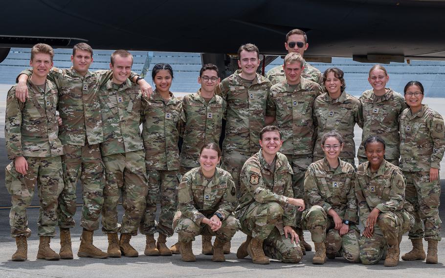 Air Force ROTC cadets pose next to a KC-46 Pegasus tanker at Seymour Johnson Air Force Base, N.C., on Aug. 4, 2023. The pool of ROTC students has become more diverse, a new Government Accountability Office report found.