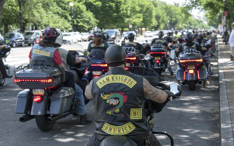 Thousands of motorcyclists arrive in D.C. and park about a block away from the USAA Poppy Wall of Honor on Saturday, May 28, 2022, in Washington, D.C.